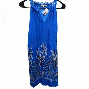 Skies Are Blue Blue Pleated Floral Sleeveless Midi Dress Size L NWT